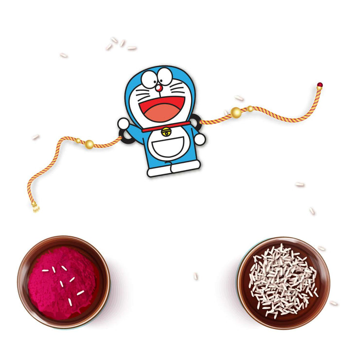 Handmade Printed Doraemon Wooden Rudraksha Rakhi With Roli Chawal