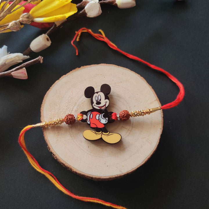 Handmade Printed Mickey Wooden Rudraksha Rakhi With Roli Chawal