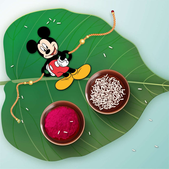 Handmade Printed Mickey Wooden Rudraksha Rakhi With Roli Chawal