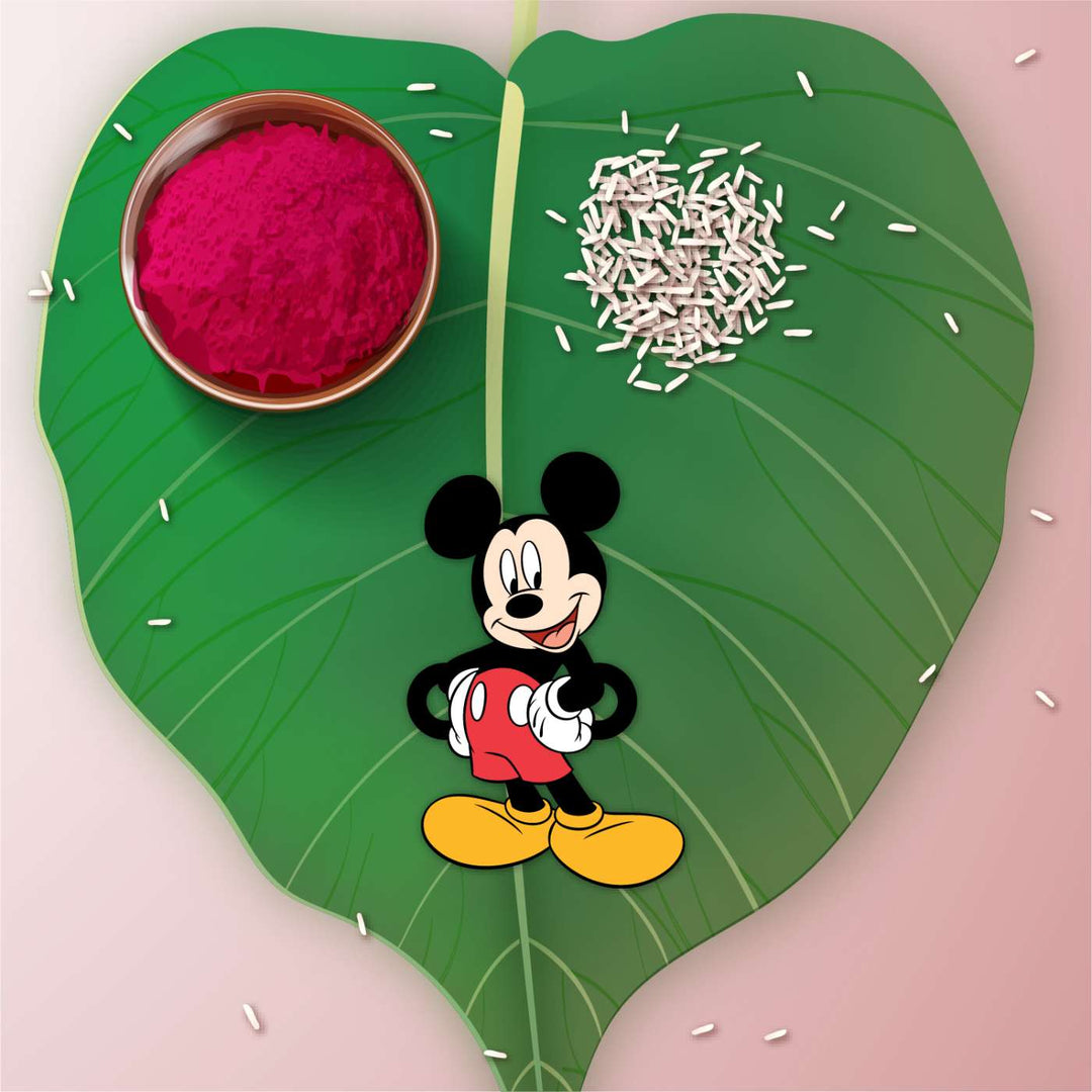 Handmade Printed Mickey Wooden Rudraksha Rakhi With Roli Chawal