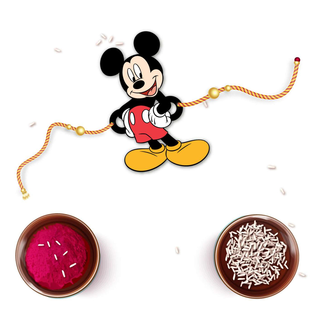 Handmade Printed Mickey Wooden Rudraksha Rakhi With Roli Chawal