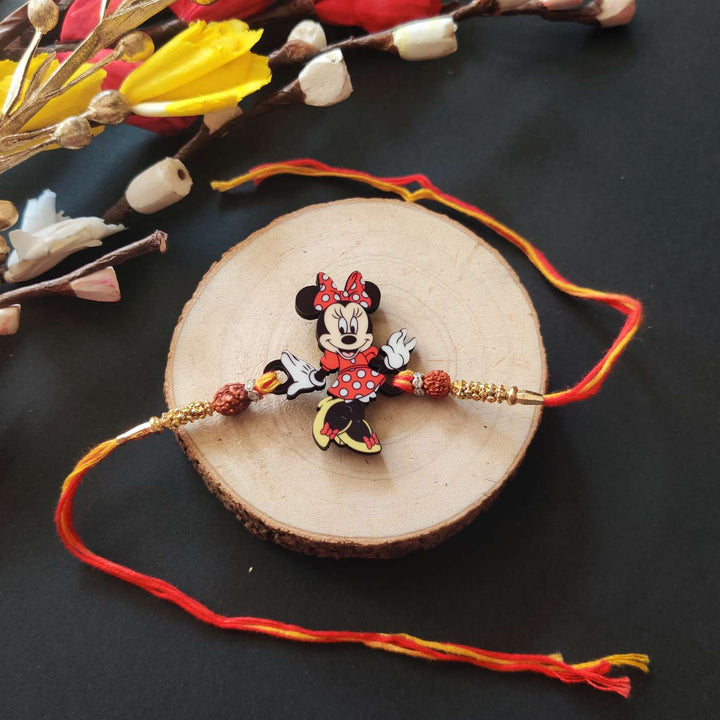 Handmade Printed Minnie Wooden Rudraksha Rakhi With Roli Chawal