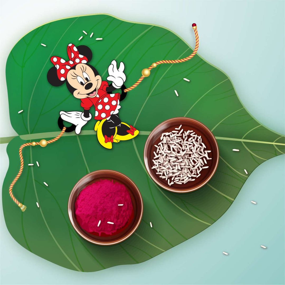 Handmade Printed Minnie Wooden Rudraksha Rakhi With Roli Chawal