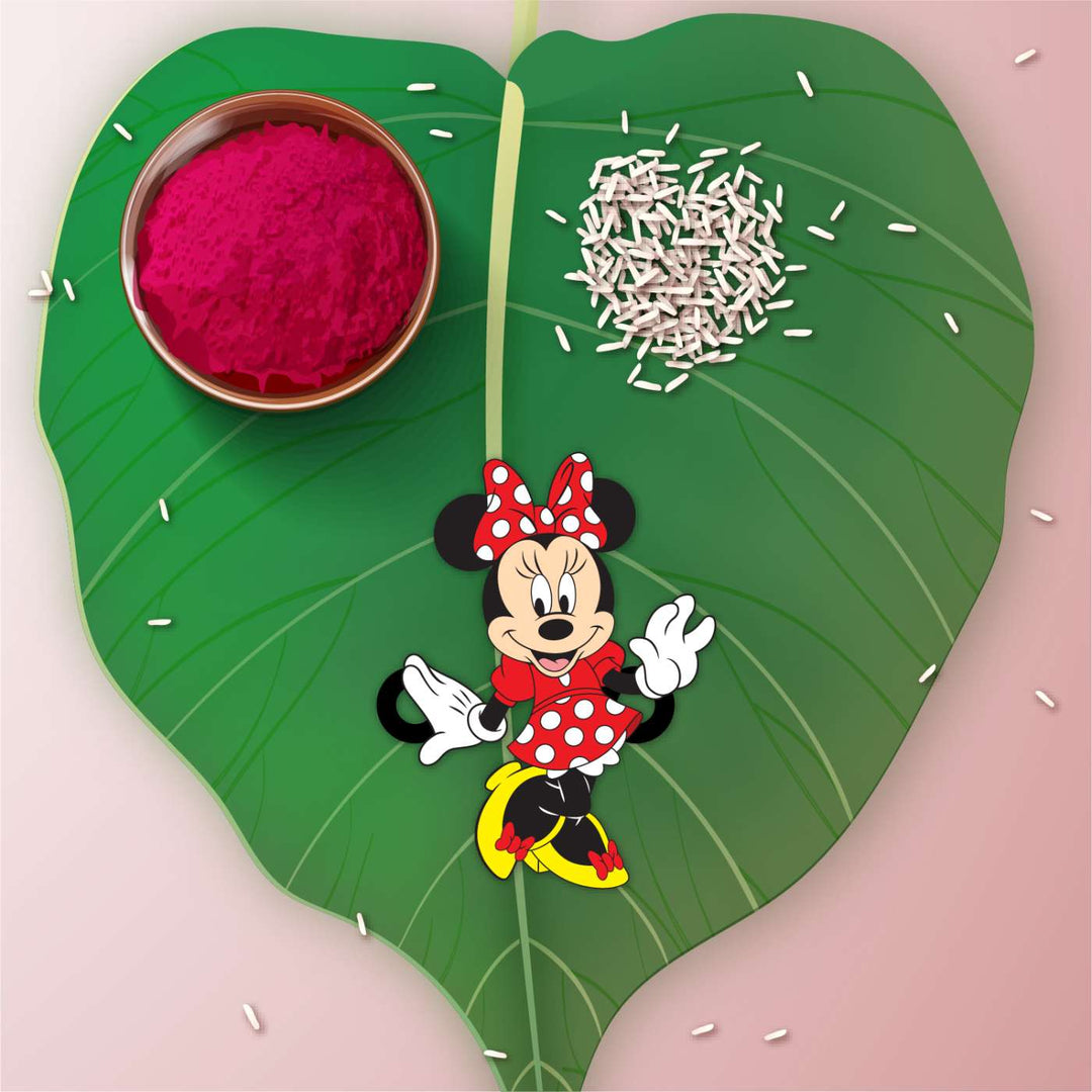 Handmade Printed Minnie Wooden Rudraksha Rakhi With Roli Chawal