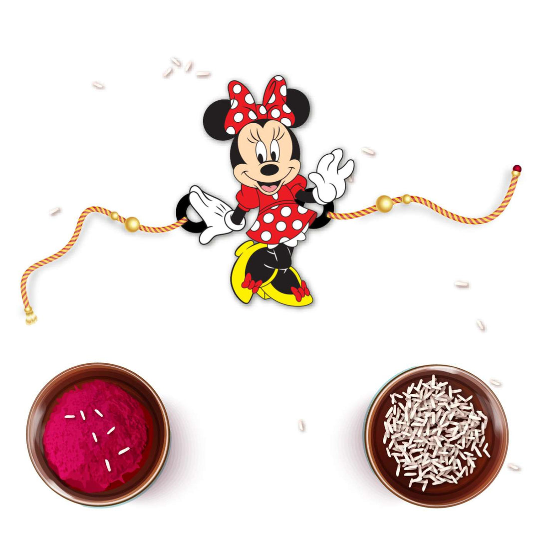 Handmade Printed Minnie Wooden Rudraksha Rakhi With Roli Chawal