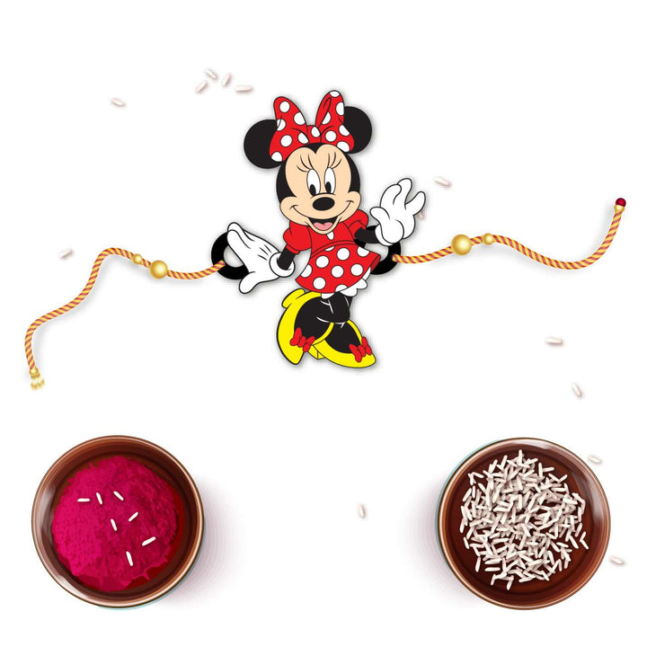 Handmade Printed Minnie Wooden Rudraksha Rakhi With Roli Chawal