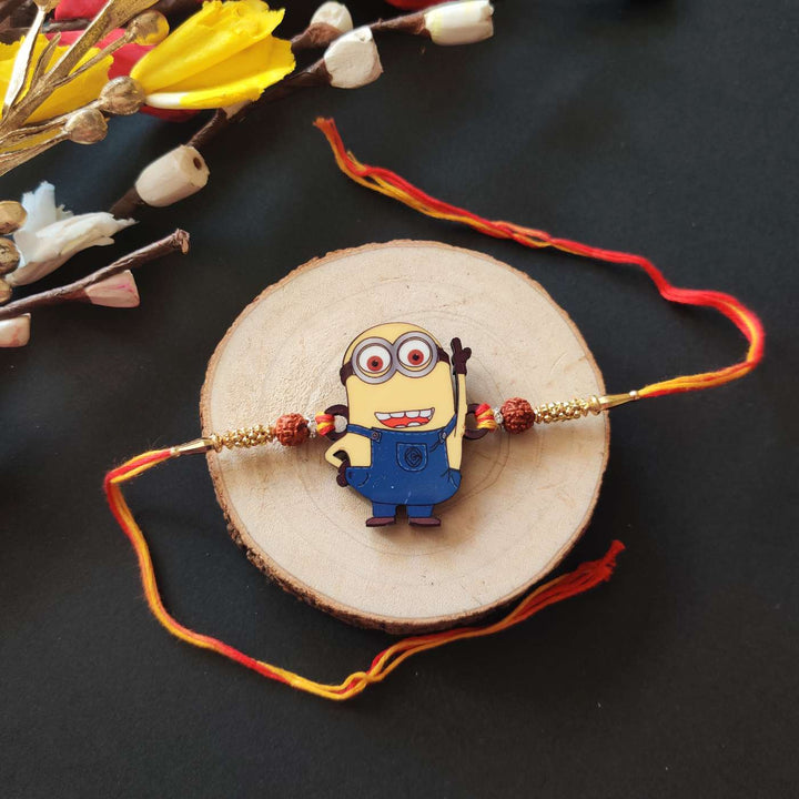 Handmade Printed Minion Wooden Rudraksha Rakhi With Roli Chawal