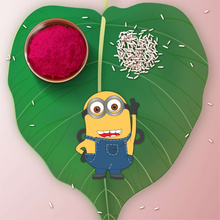 Handmade Printed Minion Wooden Rudraksha Rakhi With Roli Chawal