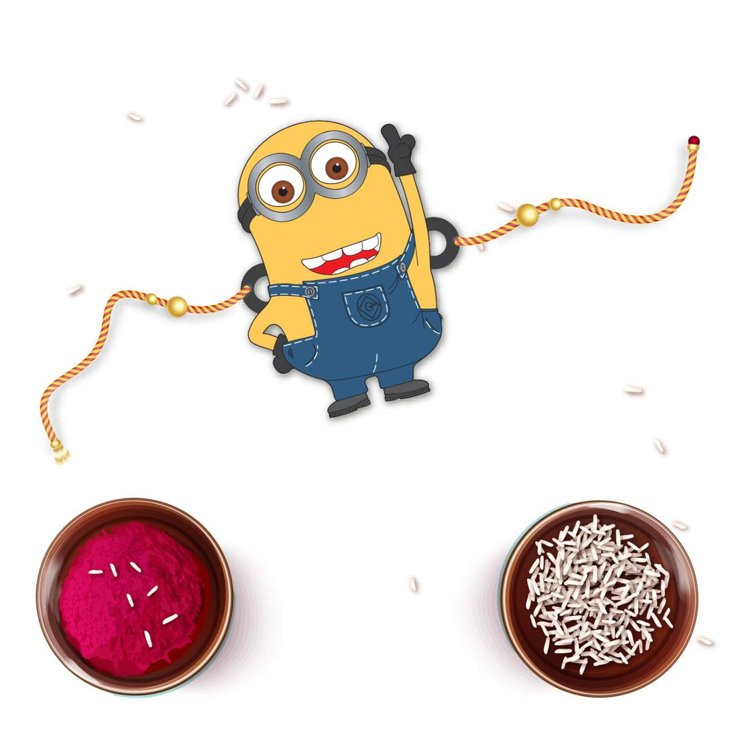 Handmade Printed Minion Wooden Rudraksha Rakhi With Roli Chawal