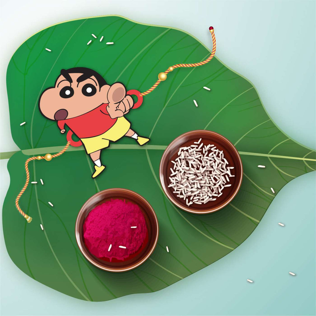 Handmade Printed Shinchan Wooden Rudraksha Rakhi With Roli Chawal