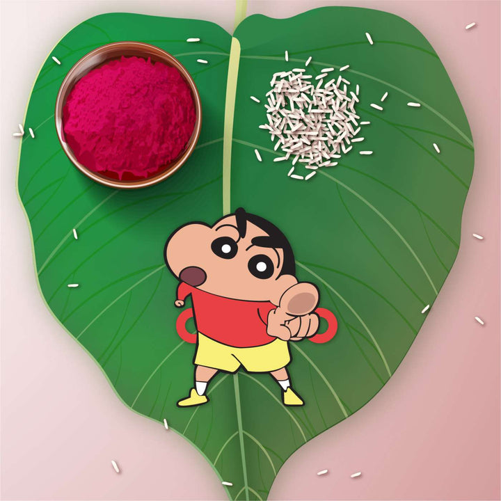 Handmade Printed Shinchan Wooden Rudraksha Rakhi With Roli Chawal