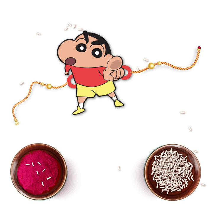 Handmade Printed Shinchan Wooden Rudraksha Rakhi With Roli Chawal