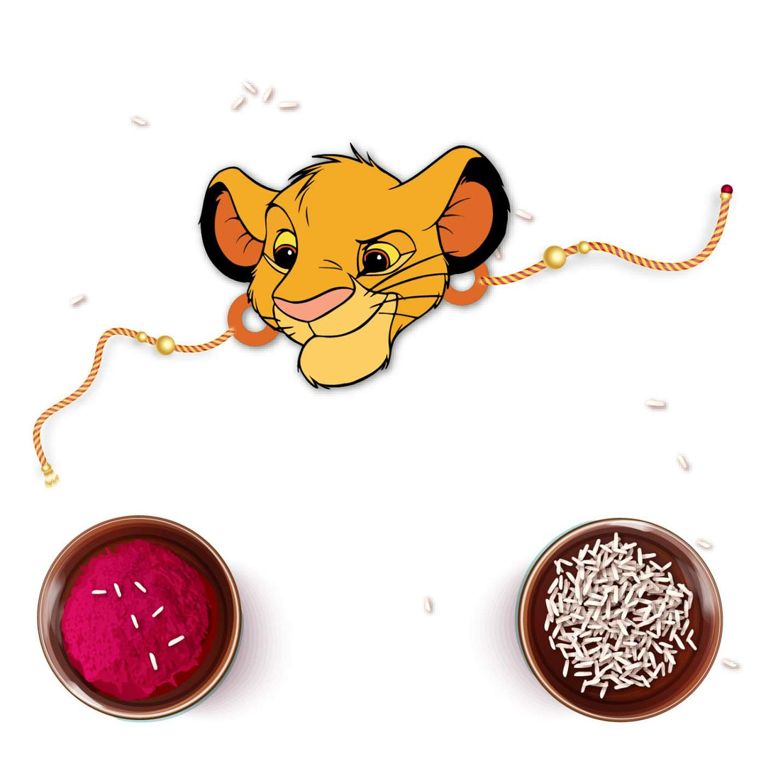 Handmade Printed Simba Wooden Rudraksha Rakhi With Roli Chawal