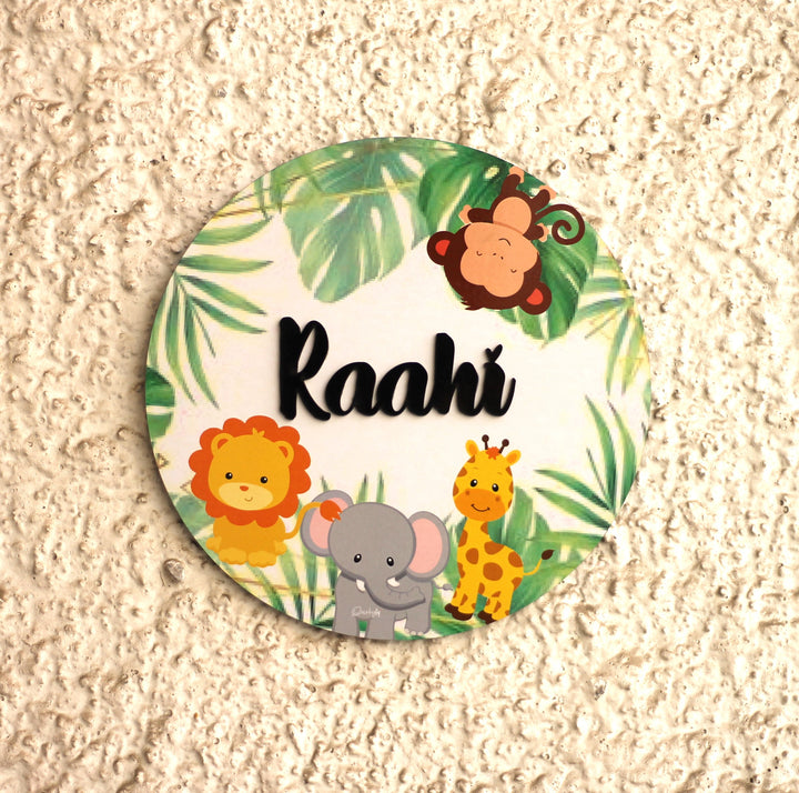 Personalized Printed Animal Kingdom MDF Wood Kids Name Plate With 3D Letters