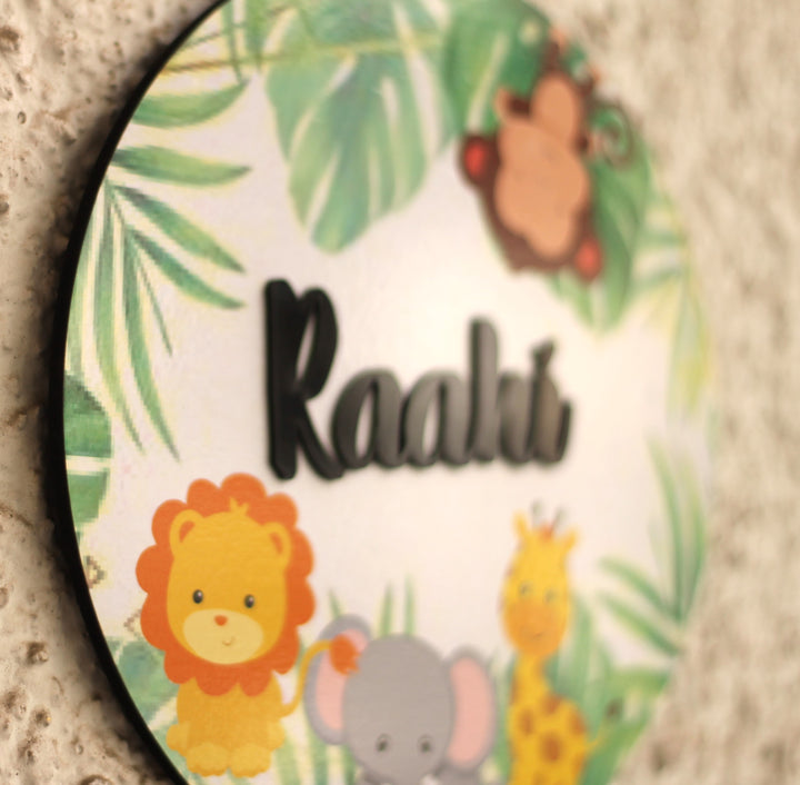 Personalized Printed Animal Kingdom MDF Wood Kids Name Plate With 3D Letters