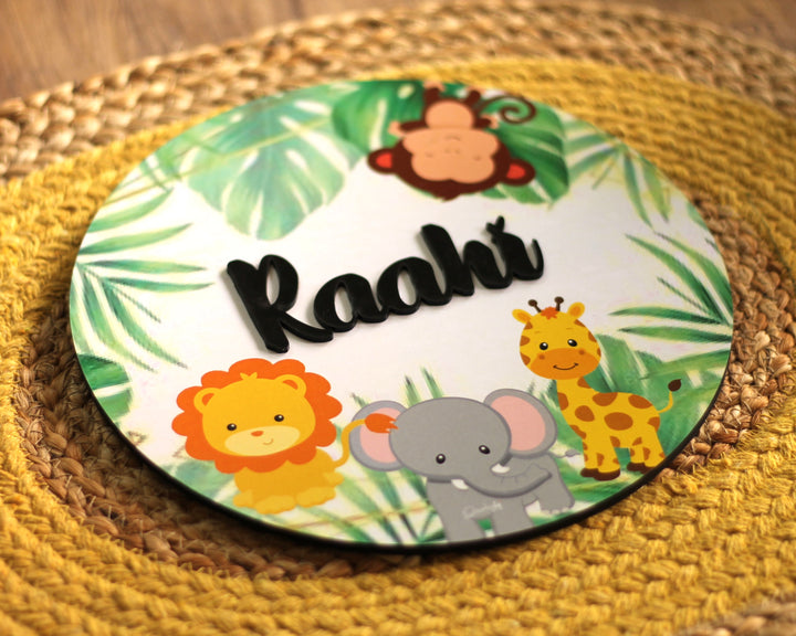 Personalized Printed Animal Kingdom MDF Wood Kids Name Plate With 3D Letters