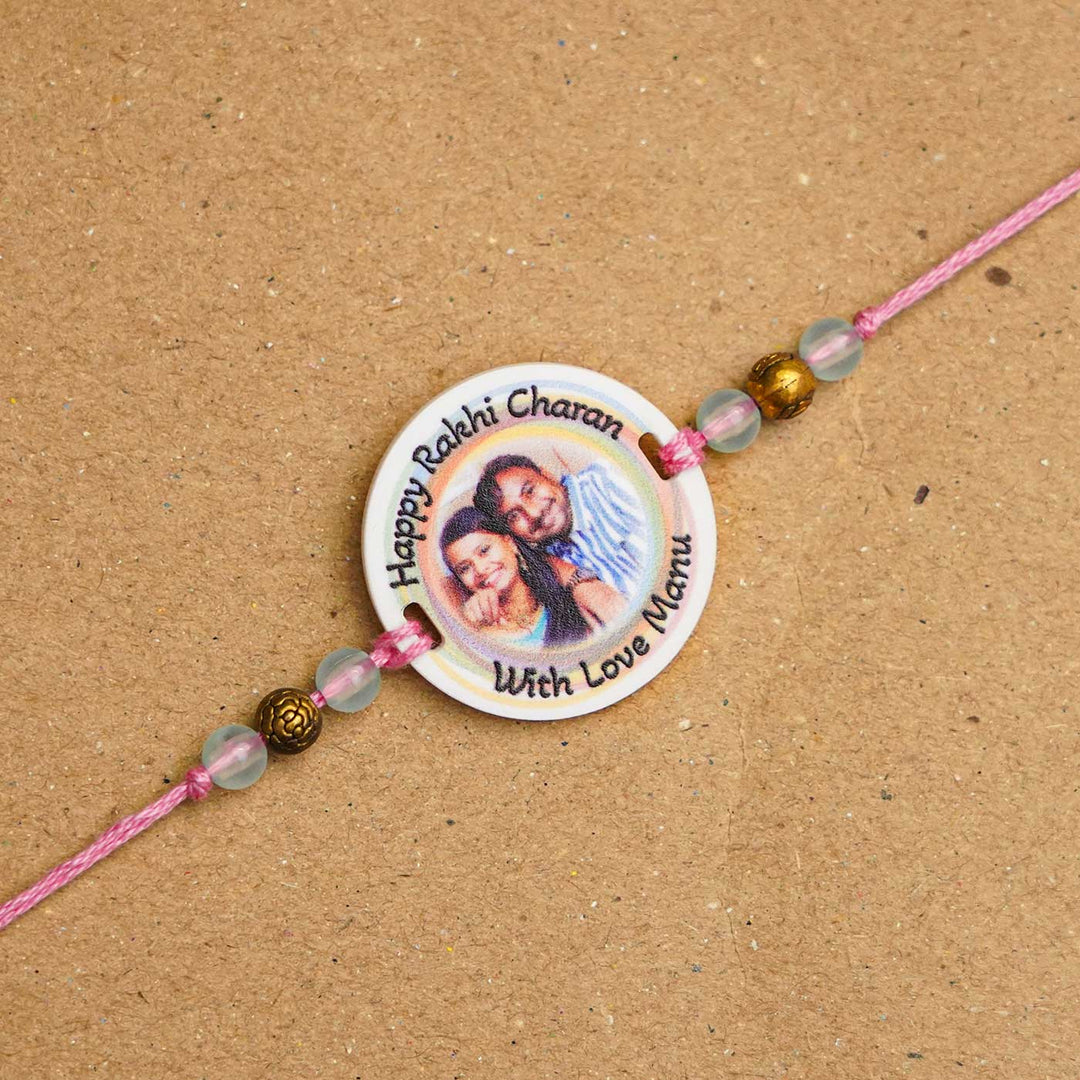 Photo Personalized Handmade Rainbow Acrylic Rakhi With Roli Chawal