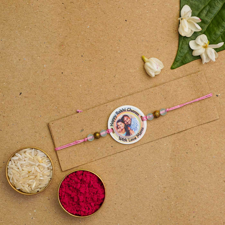 Photo Personalized Handmade Rainbow Acrylic Rakhi With Roli Chawal