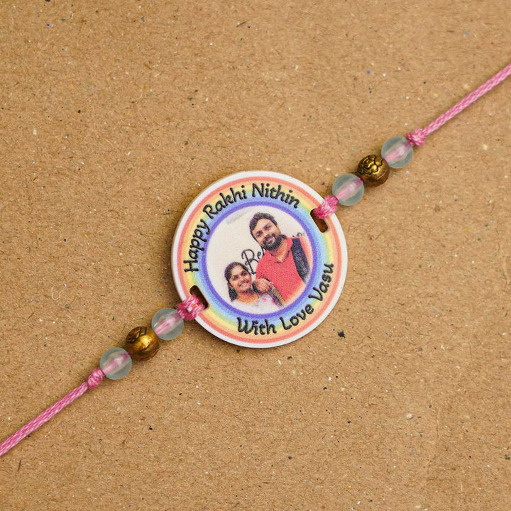 Photo Personalized Handmade Rainbow Acrylic Rakhi With Roli Chawal