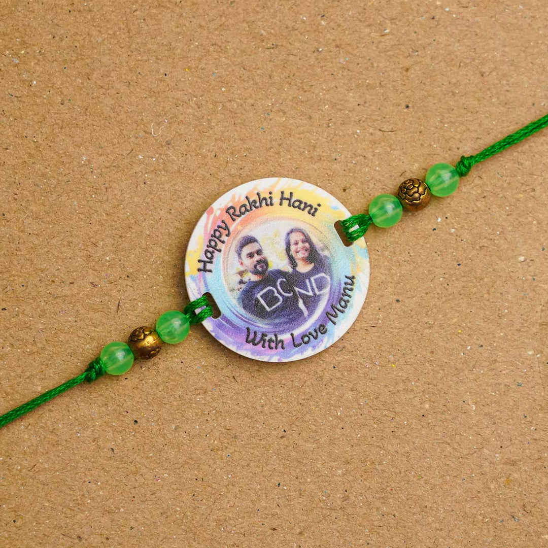 Photo Personalized Handmade Rainbow Acrylic Rakhi With Roli Chawal