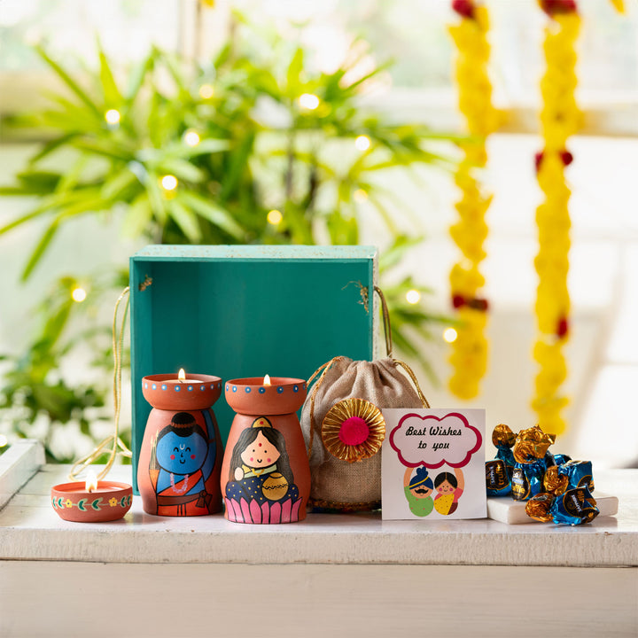 Handpainted Terracotta Tealight Holder Set & Diya Hamper