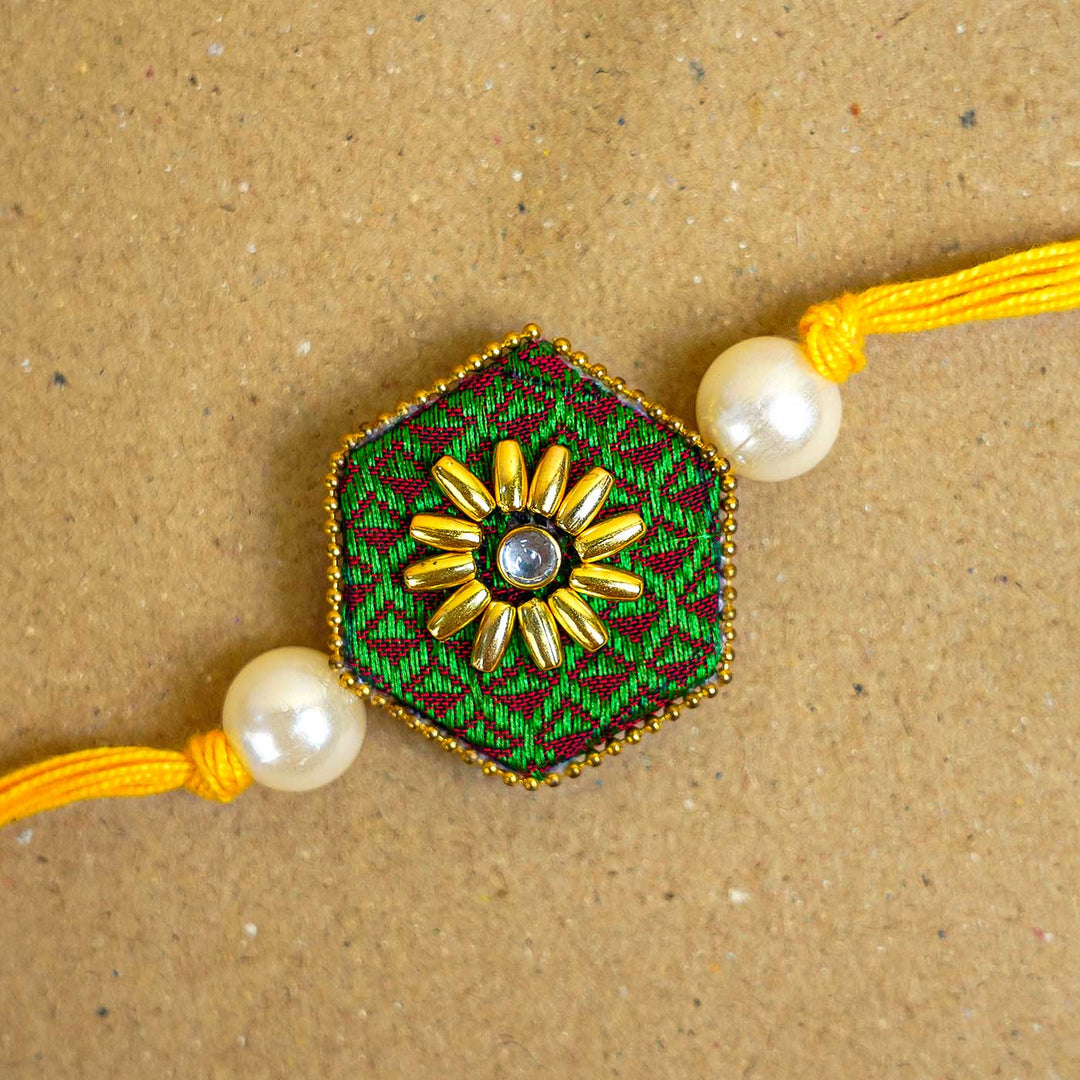 Handmade Green Hexagon Fabric & MDF Rakhi With Roli Chawal