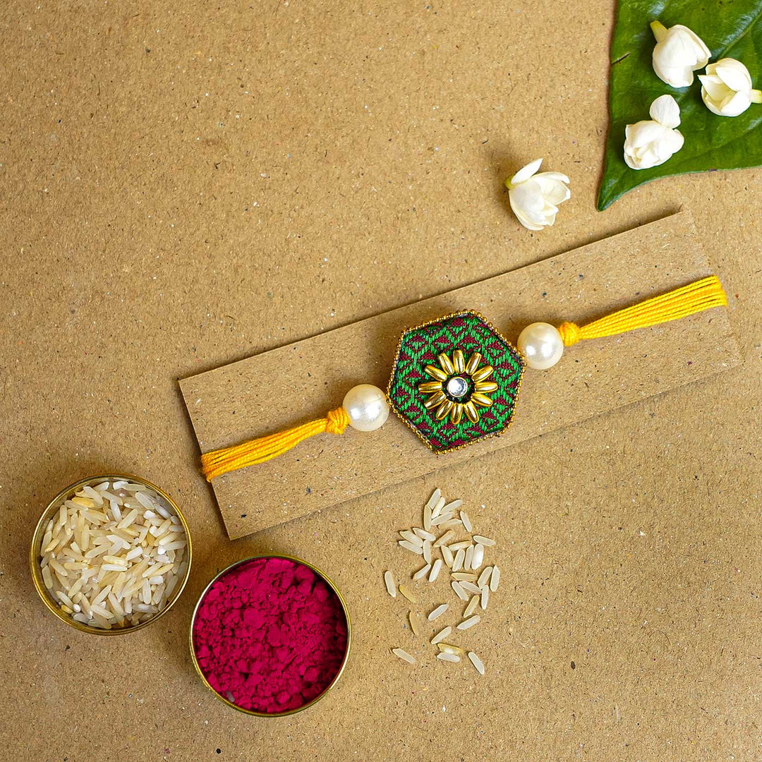 Handmade Green Hexagon Fabric & MDF Rakhi With Roli Chawal