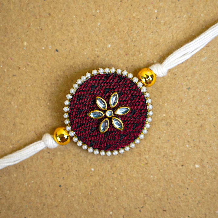 Handmade Brown Round Fabric & MDF Rakhi With Roli Chawal