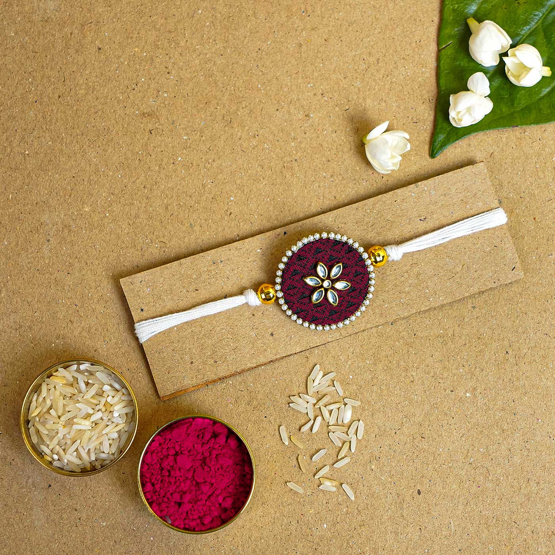 Handmade Brown Round Fabric & MDF Rakhi With Roli Chawal