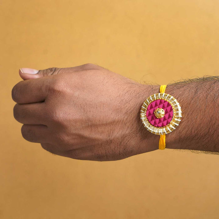 Handmade Pink & Maroon Round Fabric & MDF Rakhi With Roli Chawal