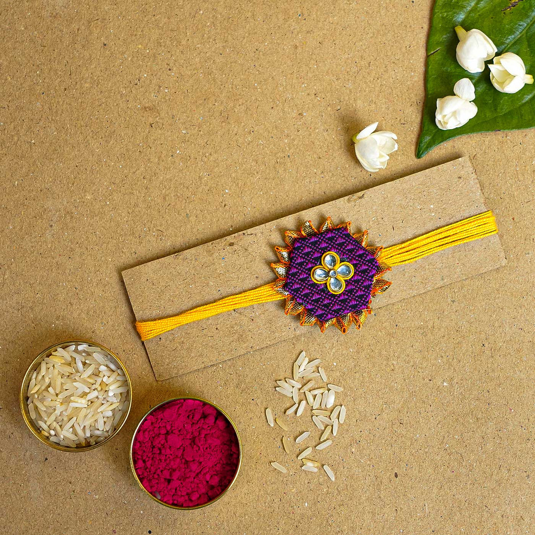 Handmade Purple Hexagon Fabric & MDF Rakhi With Roli Chawal