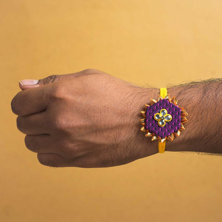 Handmade Purple Hexagon Fabric & MDF Rakhi With Roli Chawal