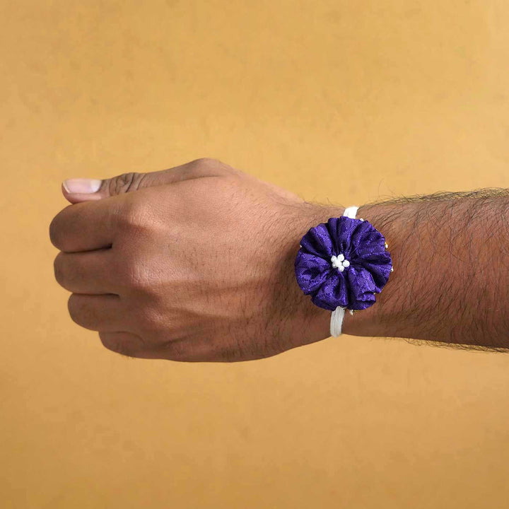 Handmade Purple Floral Fabric Rakhi With Roli Chawal