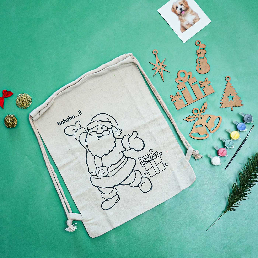 Ready-To-Paint DIY Kit With 5 MDF Ornaments & Canvas Bagpack | Xmas Gifting Ideas | Set Of 8