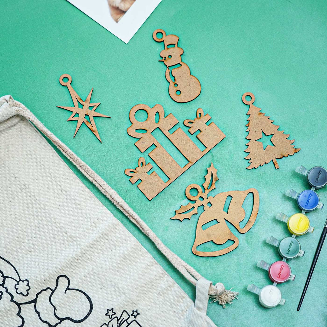 Ready-To-Paint DIY Kit With 5 MDF Ornaments & Canvas Bagpack | Xmas Gifting Ideas | Set Of 8