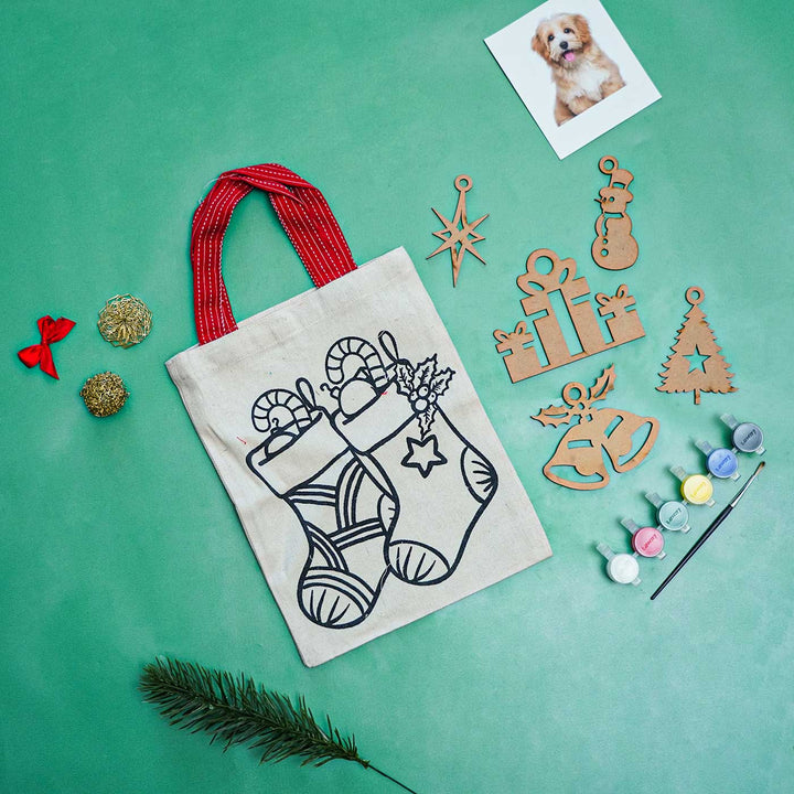 Ready-To-Paint DIY Kit With 5 MDF Ornaments & Canvas Goodies Bag | Xmas Gifting Ideas | Set Of 8