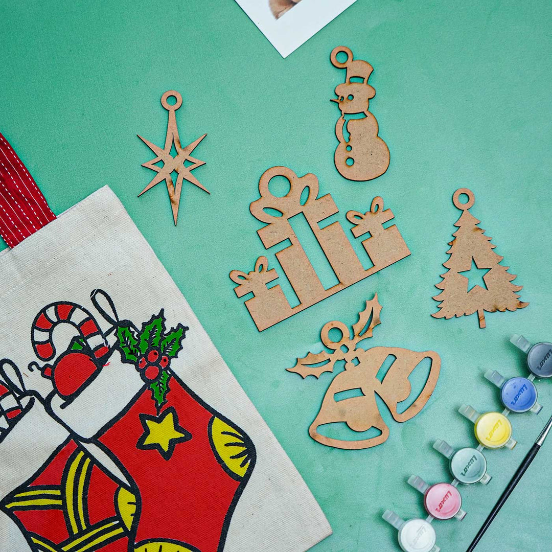 Ready-To-Paint DIY Kit With 5 MDF Ornaments & Canvas Goodies Bag | Xmas Gifting Ideas | Set Of 8