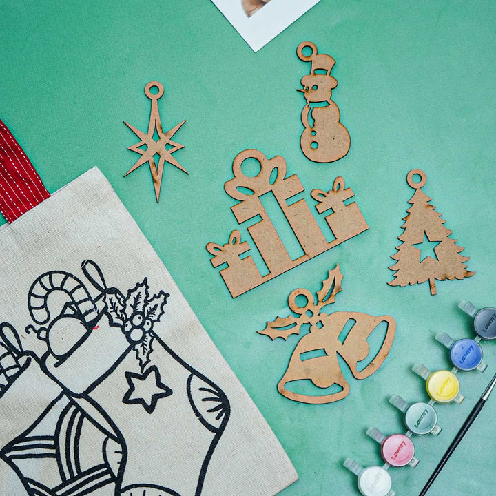 Ready-To-Paint DIY Kit With 5 MDF Ornaments & Canvas Goodies Bag | Xmas Gifting Ideas | Set Of 8