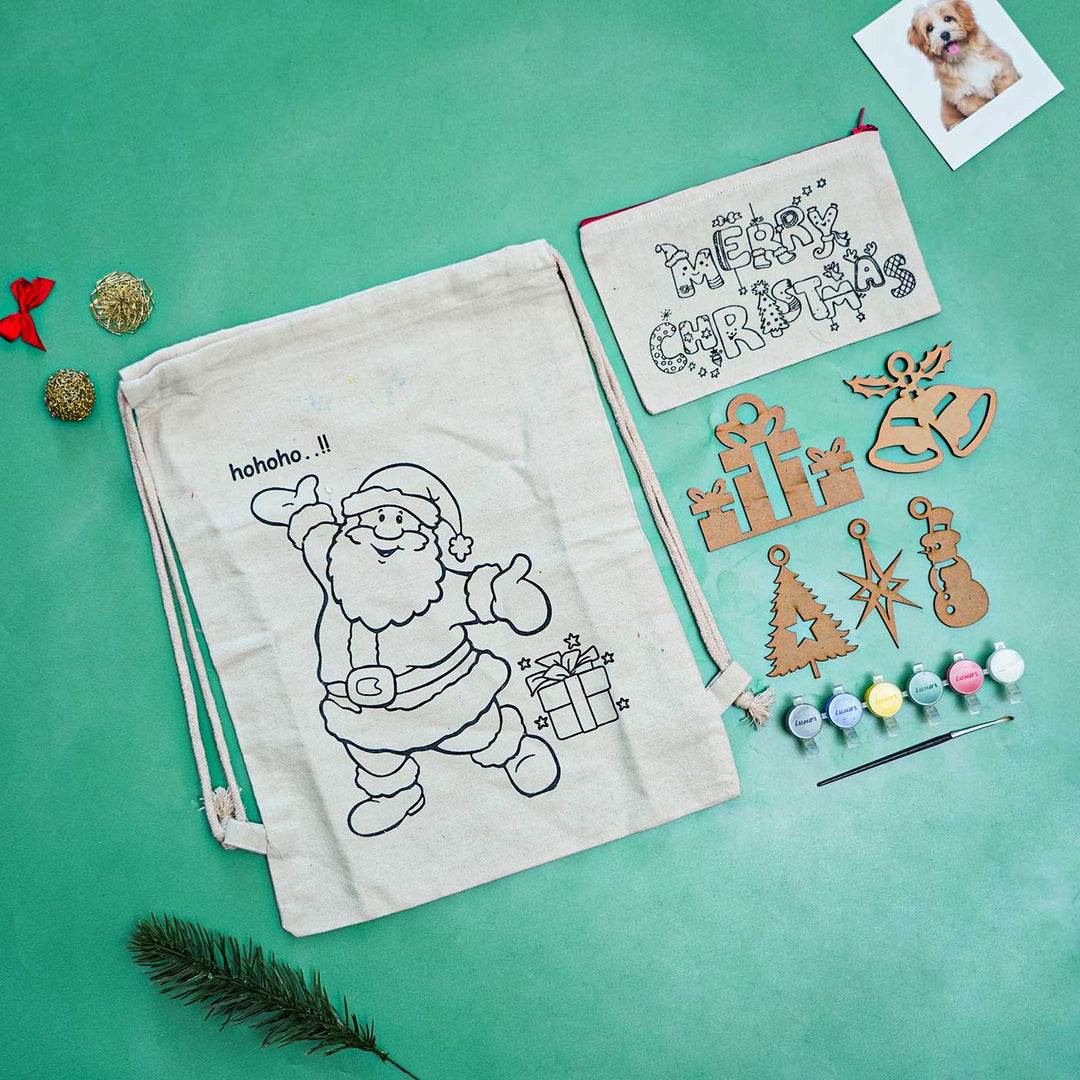 Ready-To-Paint DIY Kit With 5 MDF Ornaments, Canvas Bagpack & Pouch | Xmas Gifting Ideas | Set Of 9