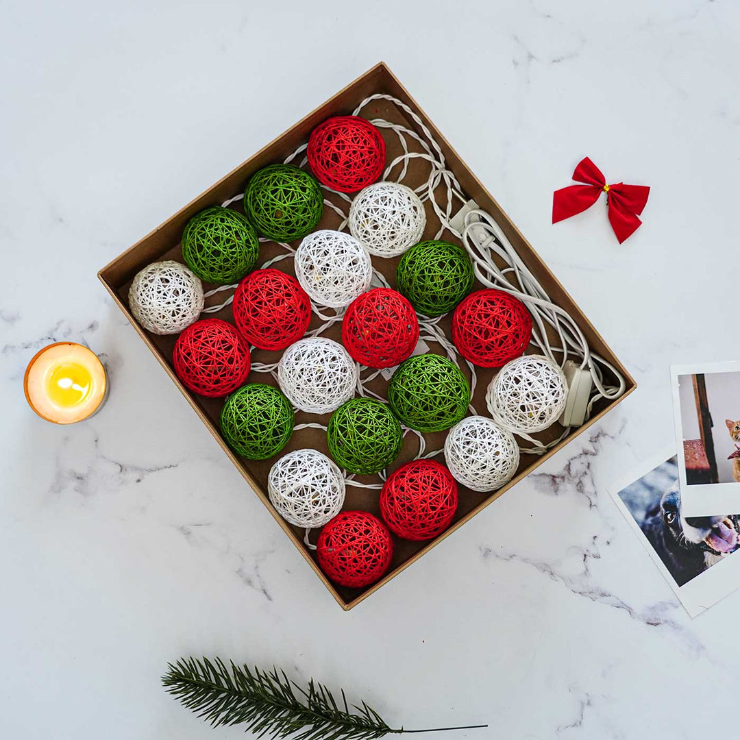 Handcrafted Yarn Spherical Fairy Lights - Red, Green & White