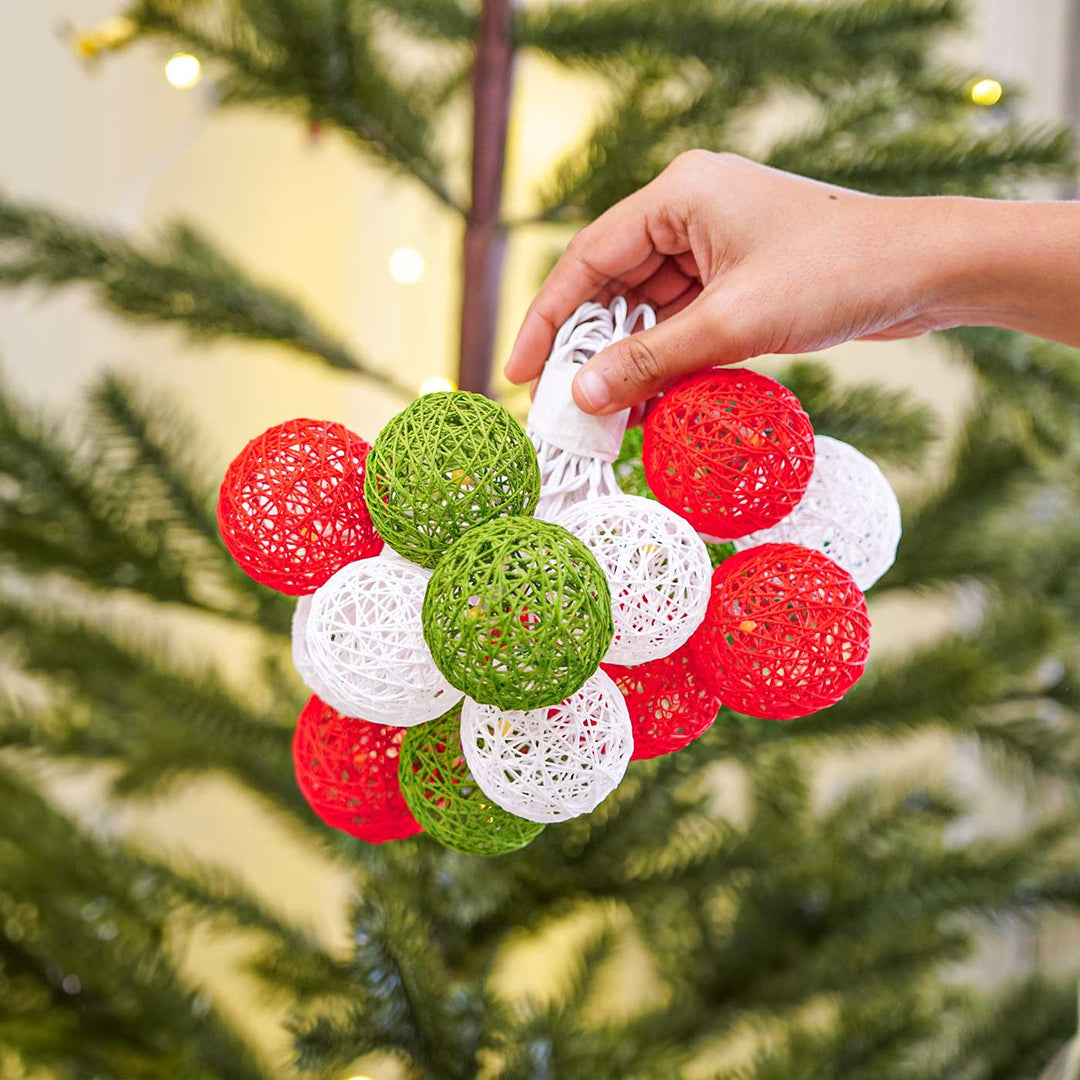 Handcrafted Yarn Spherical Fairy Lights - Red, Green & White