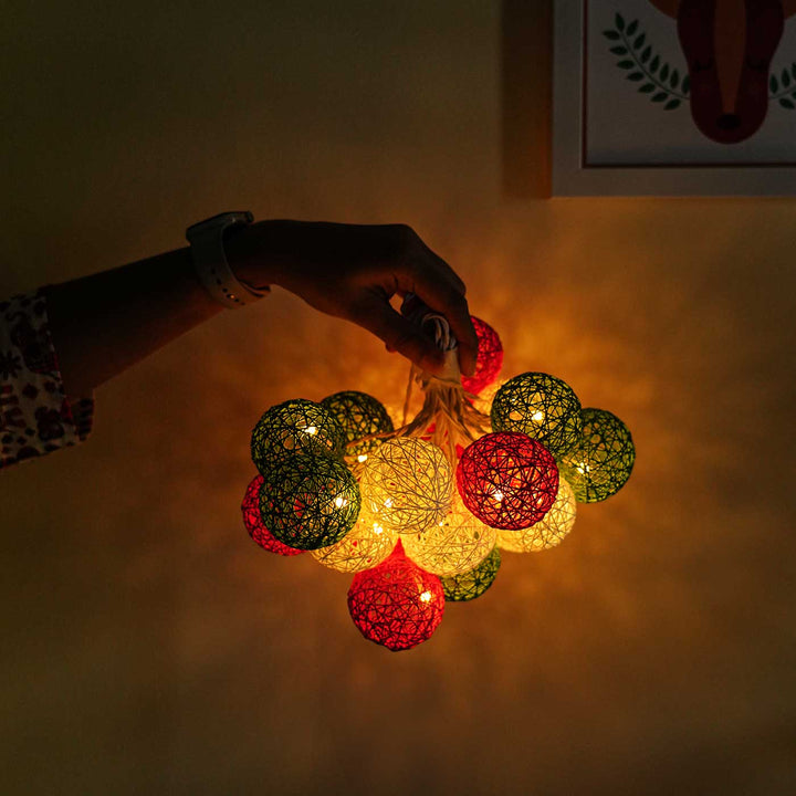 Handcrafted Yarn Spherical Fairy Lights - Red, Green & White