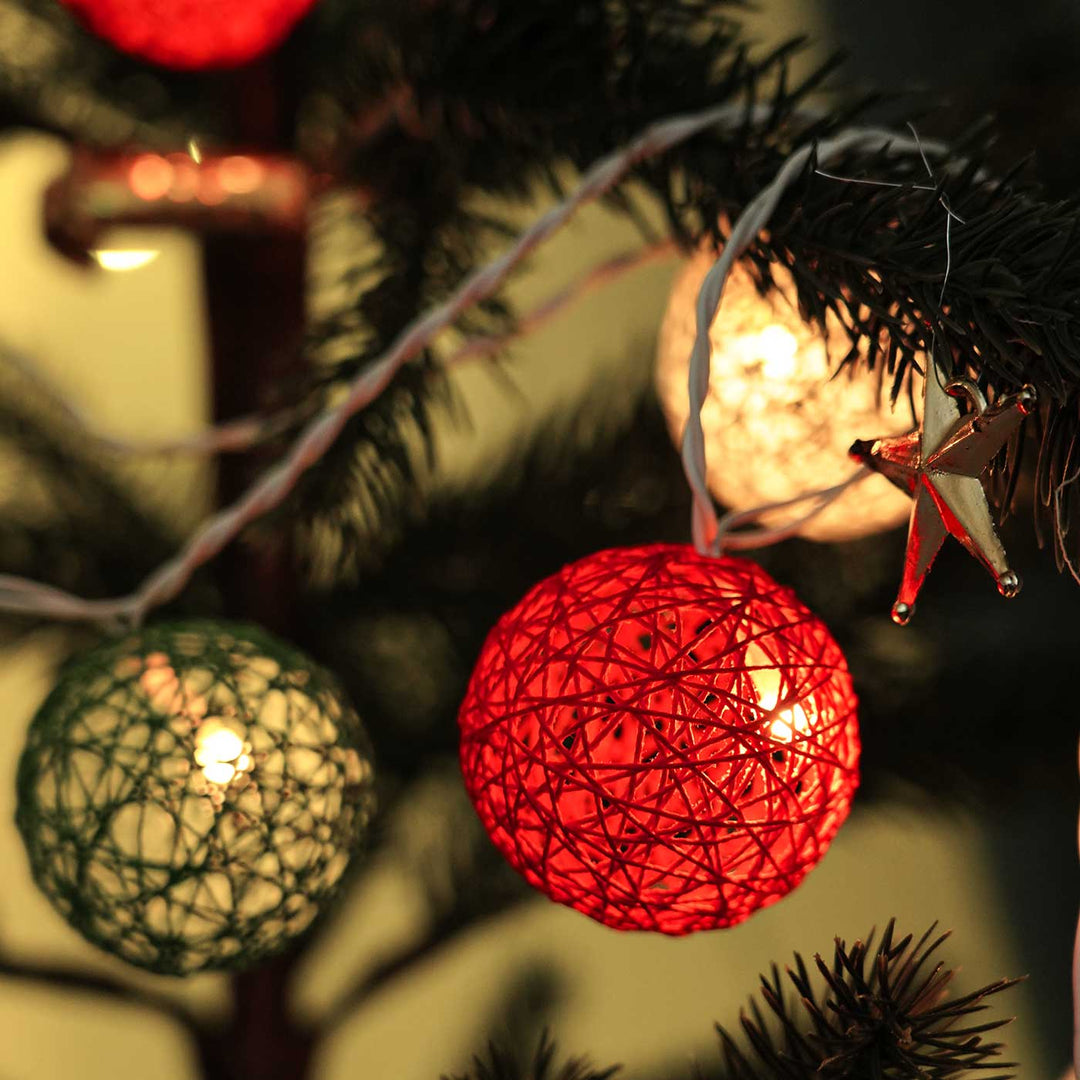 Handcrafted Yarn Spherical Fairy Lights - Red, Green & White