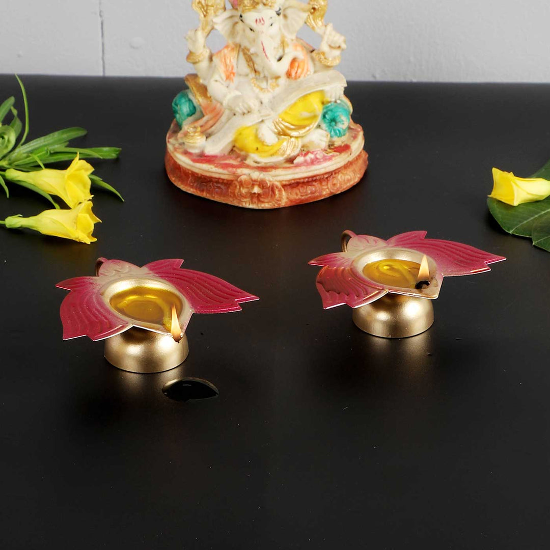 Handmade Red Lotus Oil Lamp / Diya | Set of 2