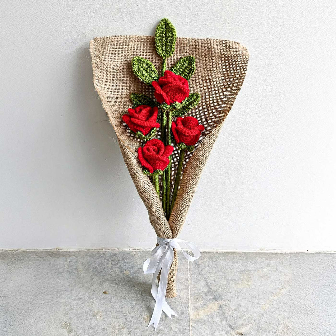 Handmade Crochet Red Rose Flower Bouquet | Set Of 4