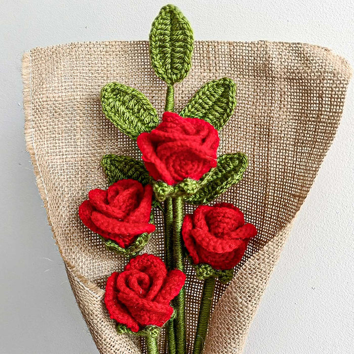 Handmade Crochet Red Rose Flower Bouquet | Set Of 4