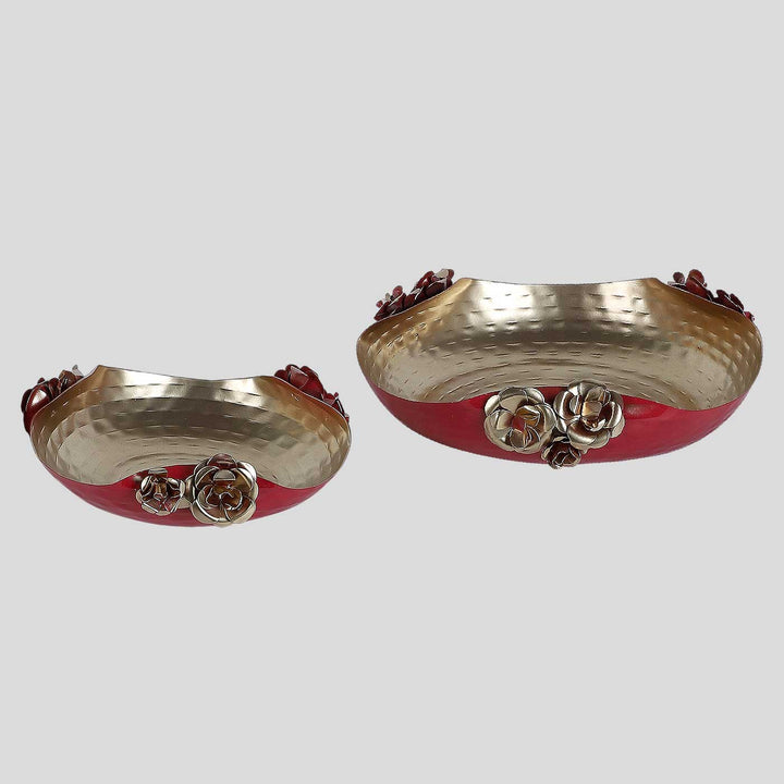 Handmade Hammered Red & Gold Rose Urli | Set of 2