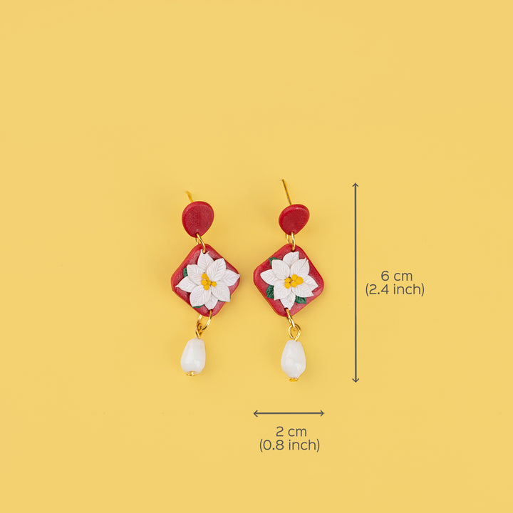 Handcrafted Clay Red & White Floral Earrings