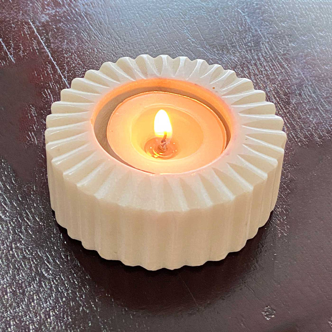 Handmade White Ribbed Marble Tealight Holder