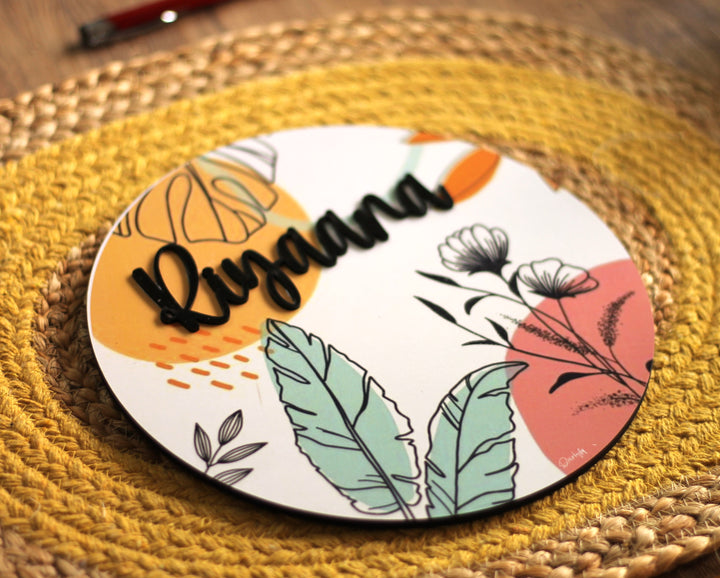 Personalized Printed Leaf MDF Wood Kids Name Plate With 3D Letters